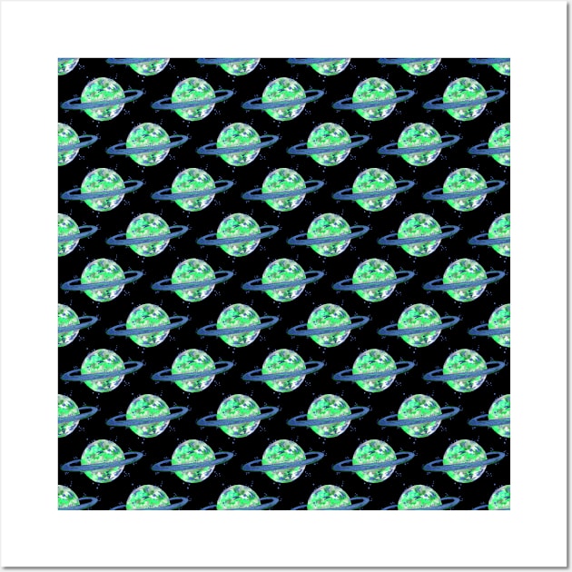 Green Ring Planets Pattern Wall Art by ZeichenbloQ